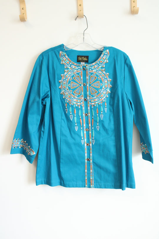 Bob Mackie Wearable Art Heavily Embroidered Southwestern Aztec Blue Jacket | M