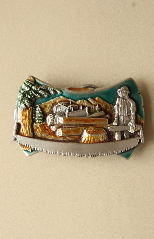 1981 Bergamot Brass Works Lumberjack Logger Motif Belt Buckle