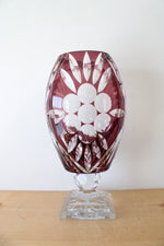 Ruby Red Bohemian Peacock Cut Glass Vase