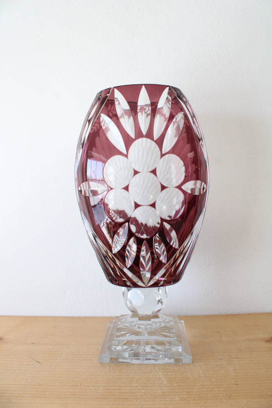 Ruby Red Bohemian Peacock Cut Glass Vase