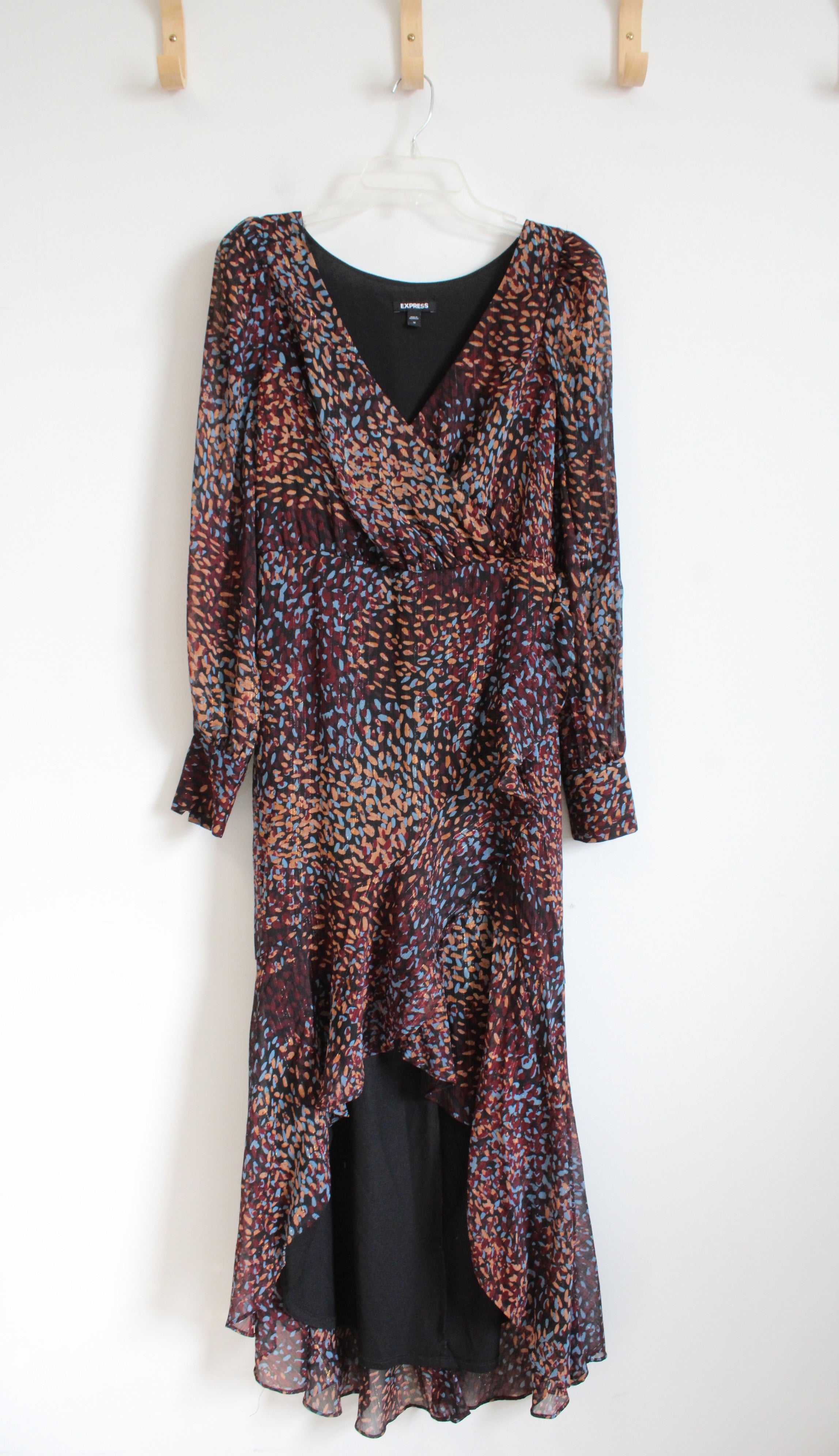 Express Maroon Blue & Tan Metallic Ruffled High/Low Dress | M