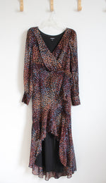 Express Maroon Blue & Tan Metallic Ruffled High/Low Dress | M