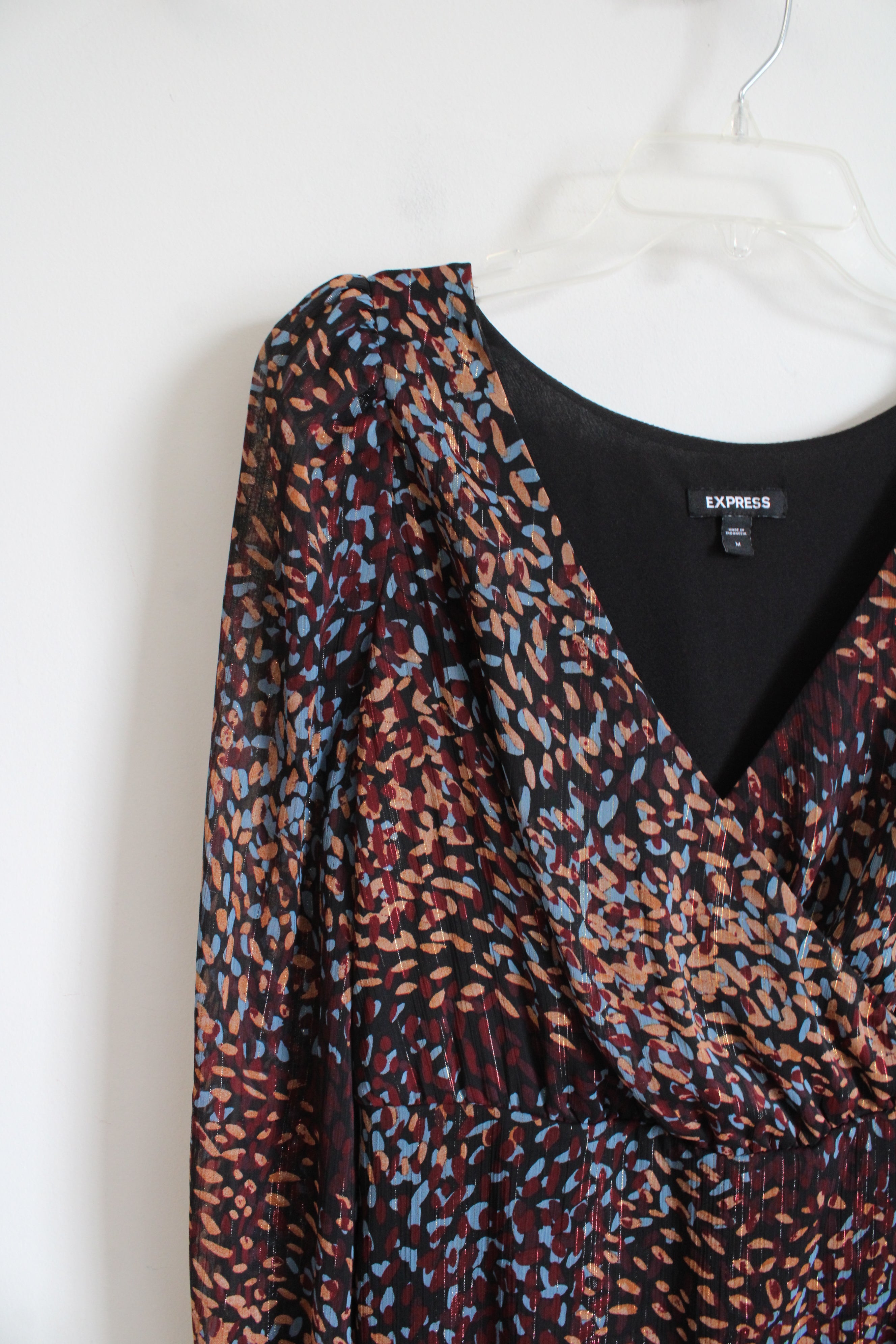 Express Maroon Blue & Tan Metallic Ruffled High/Low Dress | M