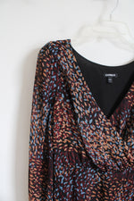 Express Maroon Blue & Tan Metallic Ruffled High/Low Dress | M