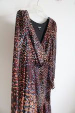 Express Maroon Blue & Tan Metallic Ruffled High/Low Dress | M