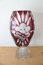 Ruby Red Bohemian Peacock Cut Glass Vase