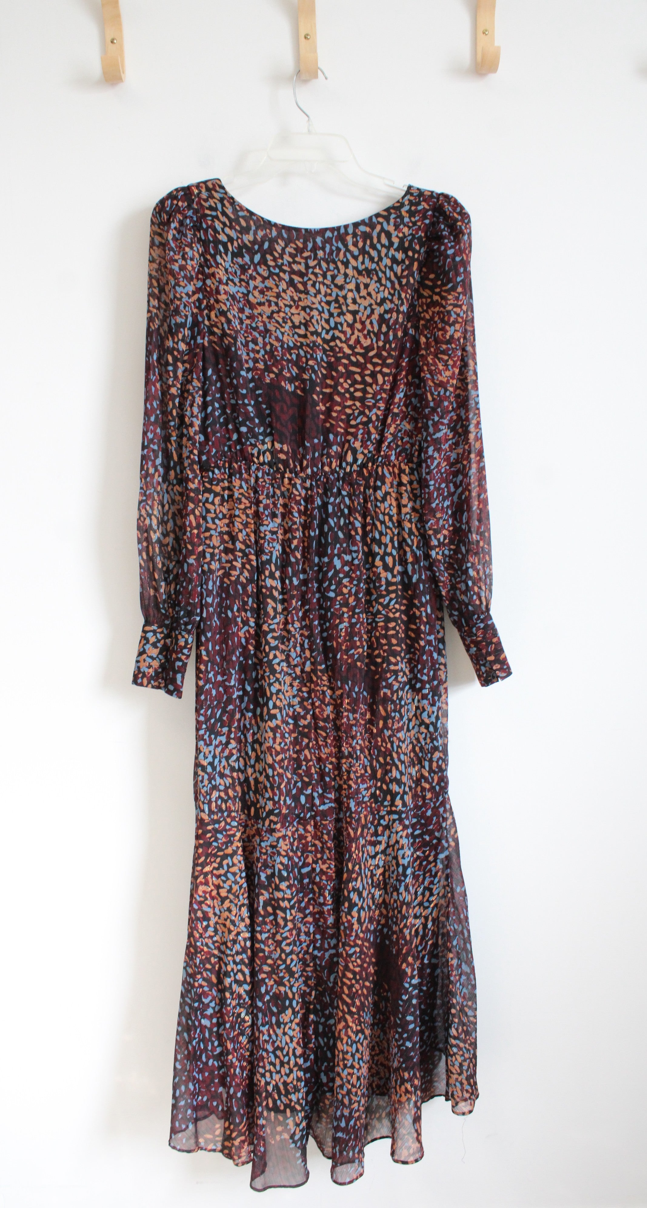 Express Maroon Blue & Tan Metallic Ruffled High/Low Dress | M