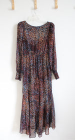 Express Maroon Blue & Tan Metallic Ruffled High/Low Dress | M