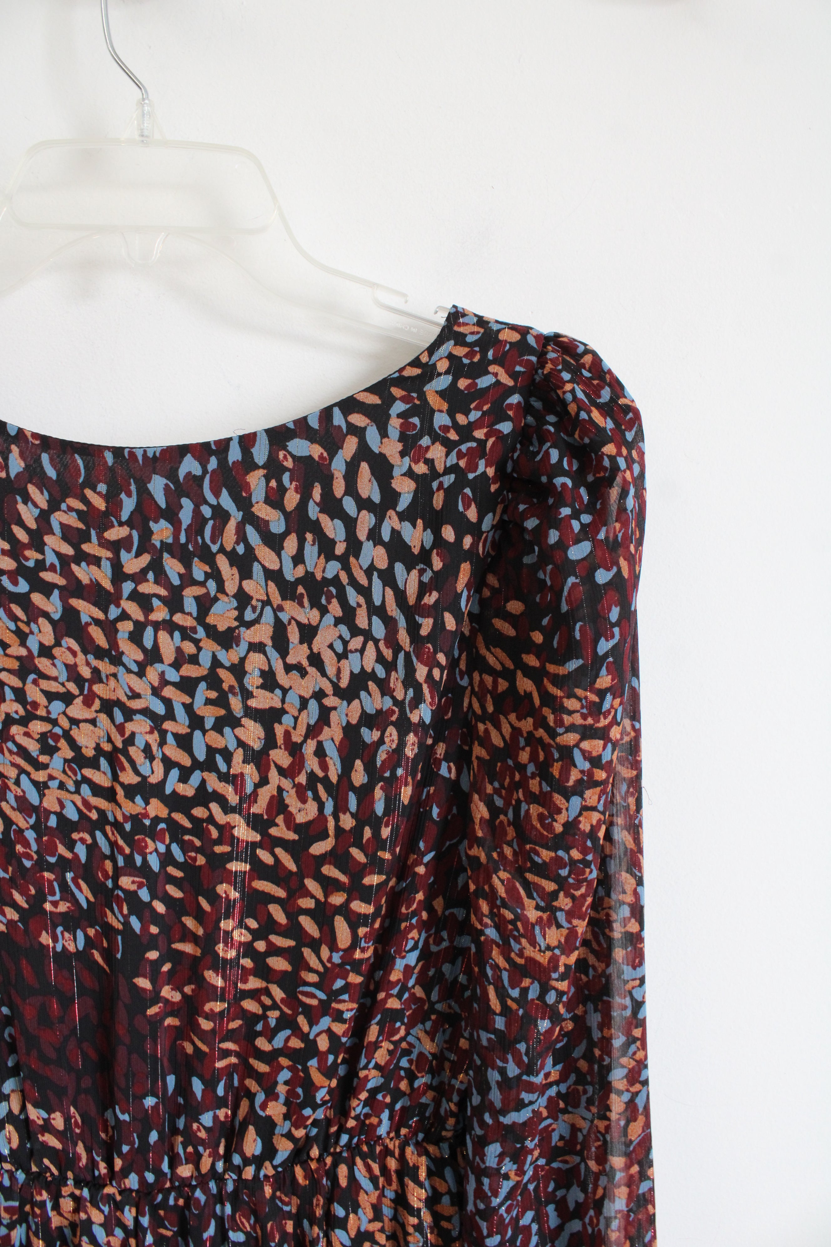 Express Maroon Blue & Tan Metallic Ruffled High/Low Dress | M