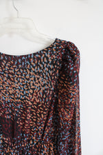 Express Maroon Blue & Tan Metallic Ruffled High/Low Dress | M