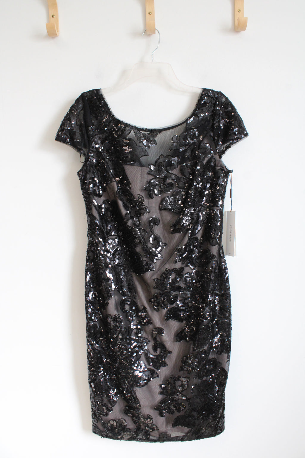 NEW Calvin Klein Black Sequined Cap Sleeve Sheath Dress | 8