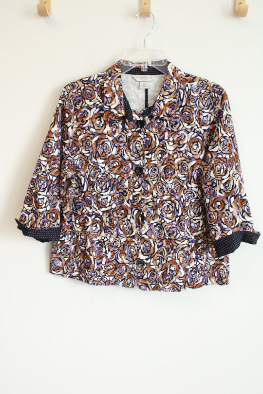 Christopher & Banks Purple Brown Button-Front Floral Jacket | L Petite