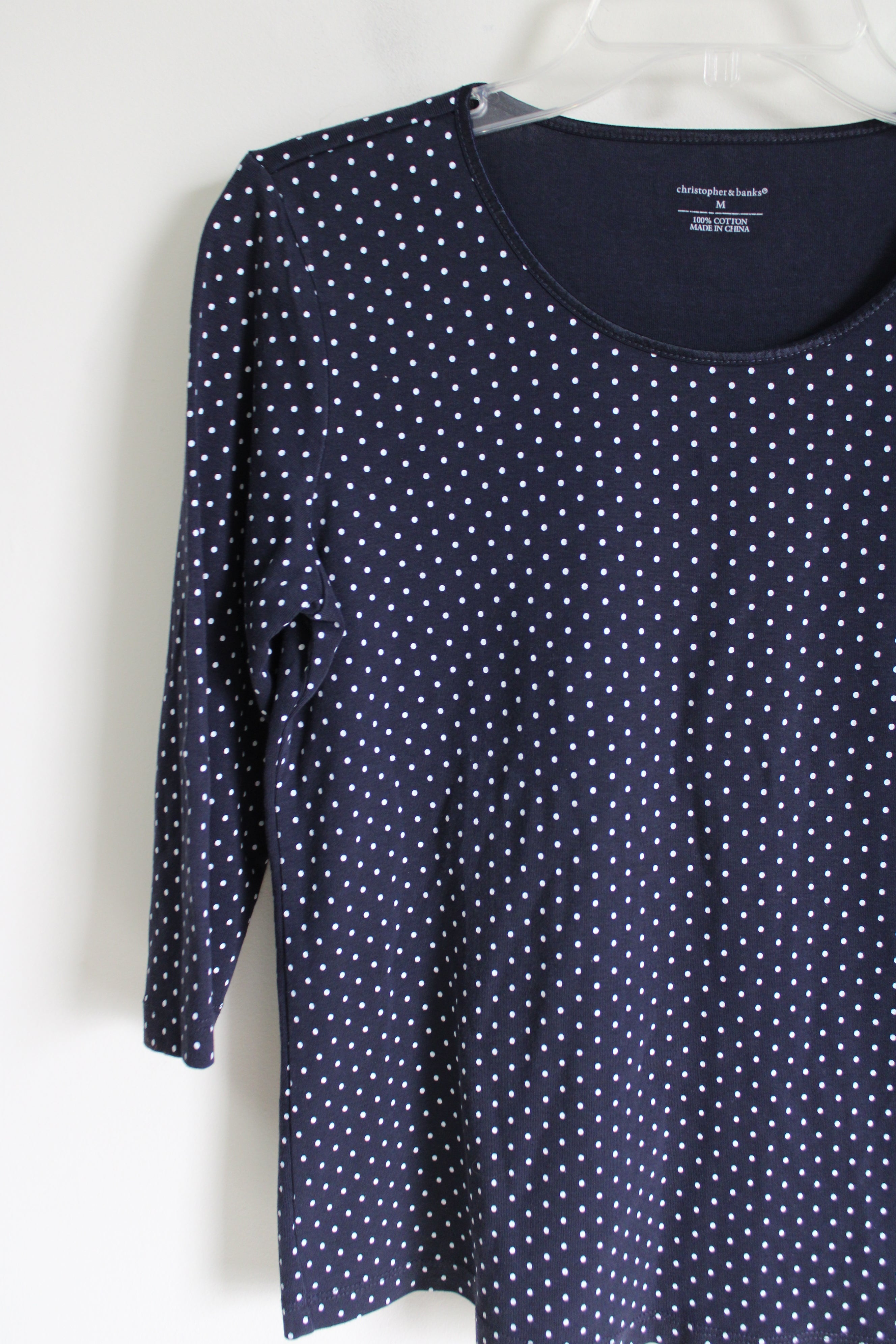 Christopher & Banks Navy Blue Polka Dot 3/4 Sleeve Shirt | M