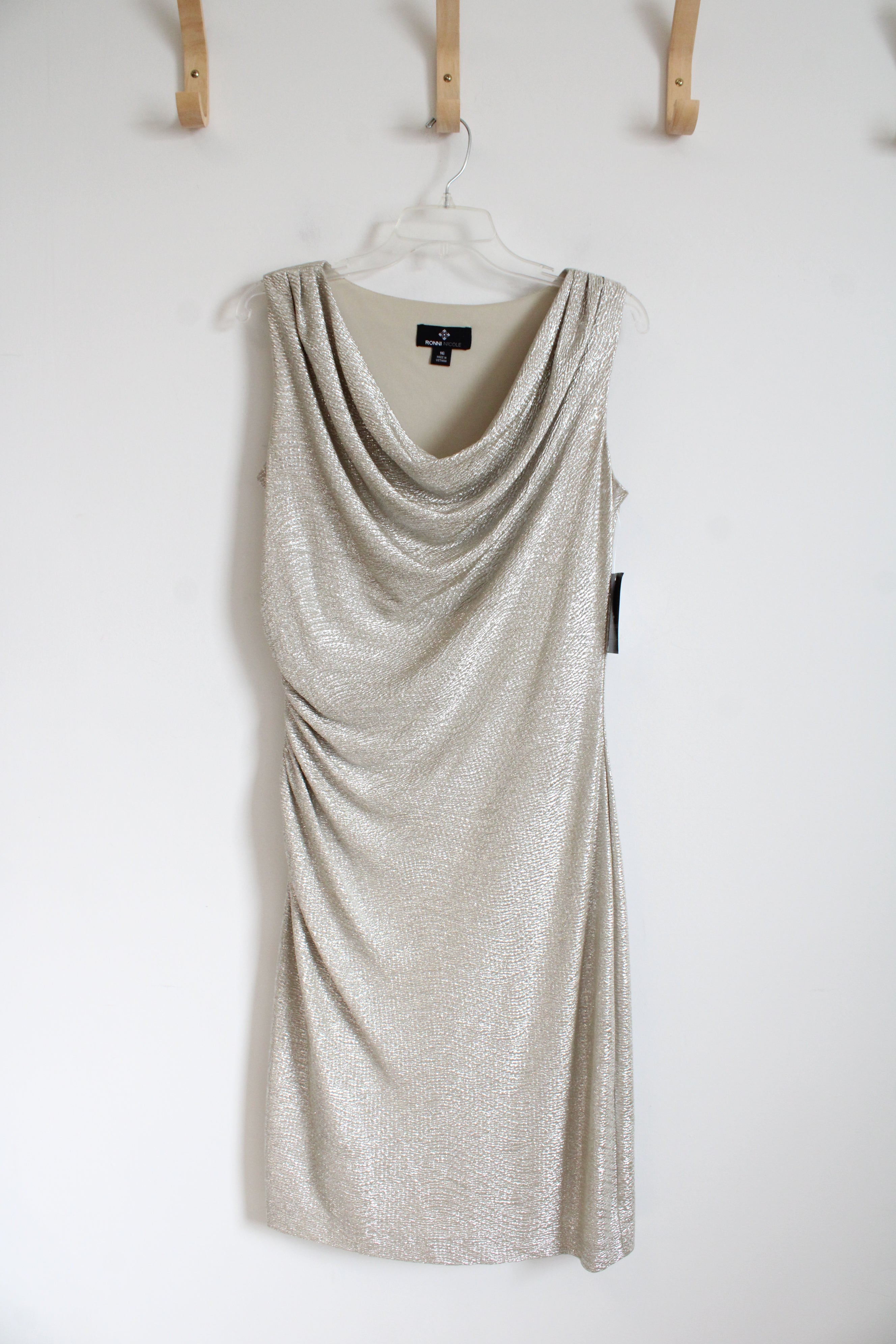 NEW Ronni Nicole Taupe Silver Metallic Cowl Neck Midi Dress | 16