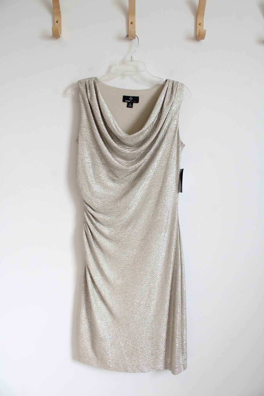 NEW Ronni Nicole Taupe Silver Metallic Cowl Neck Midi Dress | 16