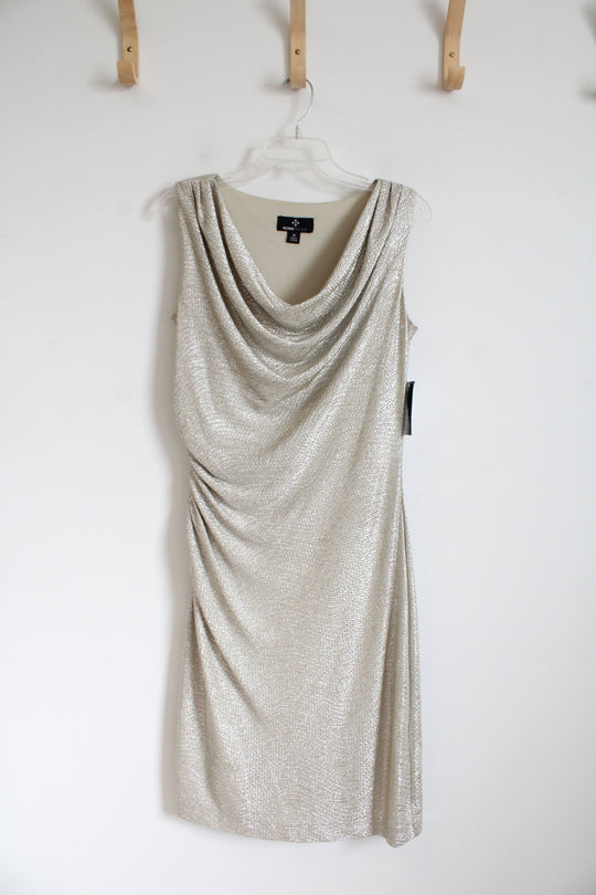 NEW Ronni Nicole Taupe Silver Metallic Cowl Neck Midi Dress | 16