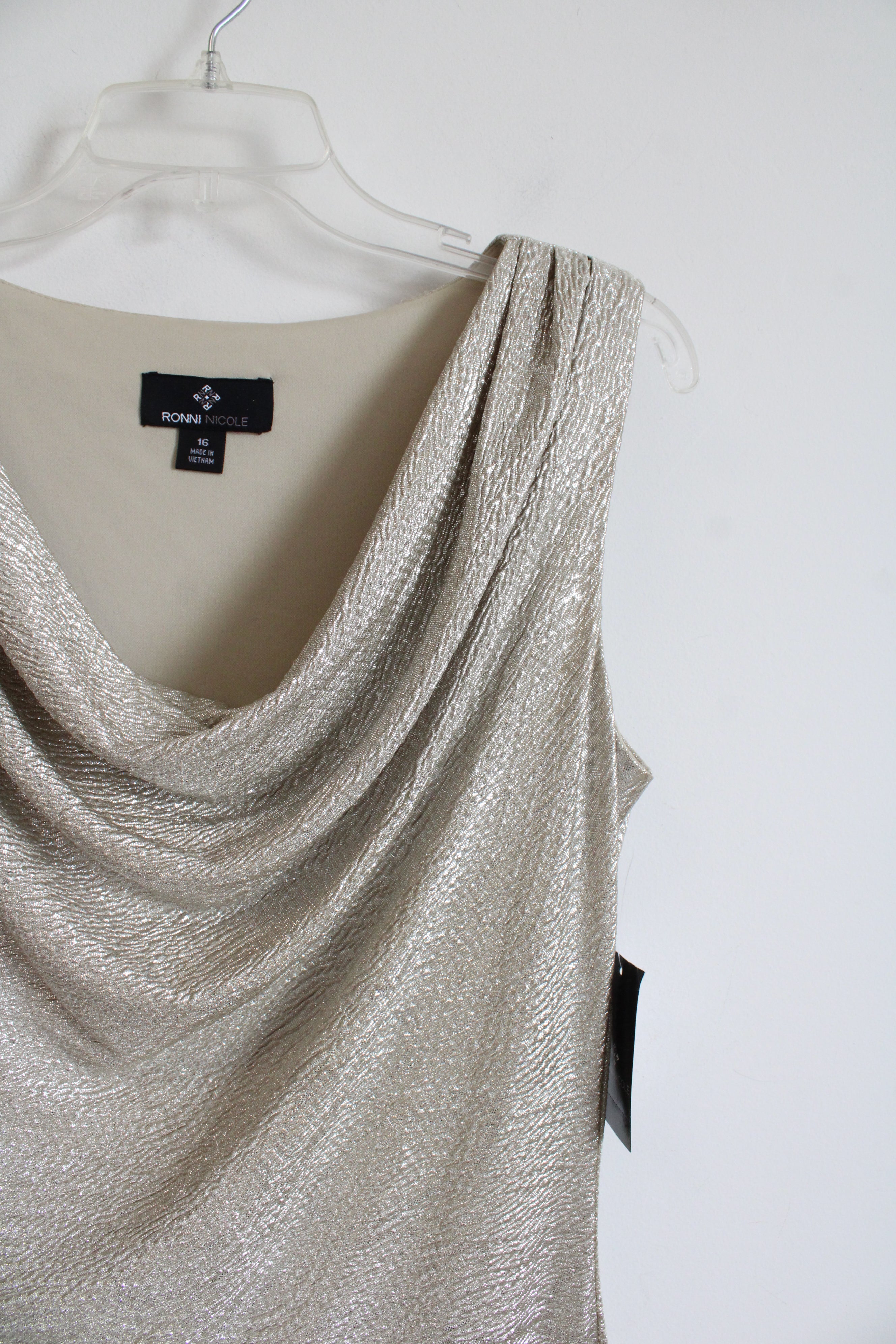 NEW Ronni Nicole Taupe Silver Metallic Cowl Neck Midi Dress | 16