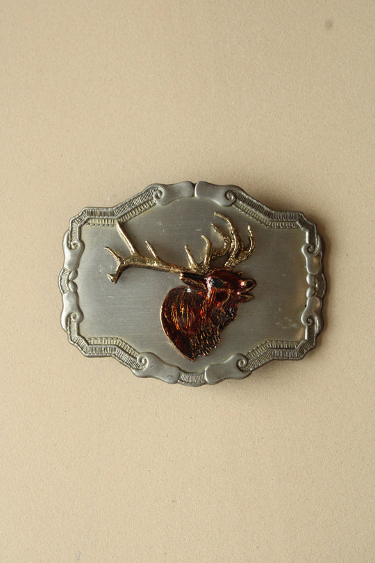 Elk Motif Silver Belt Buckle