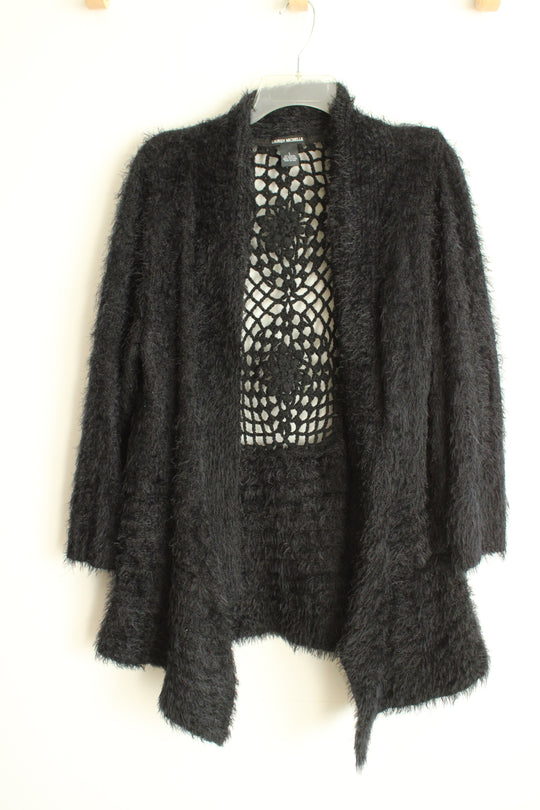 Lauren Michelle Black Open Front With Crocheted Back Panel Cardigan | L