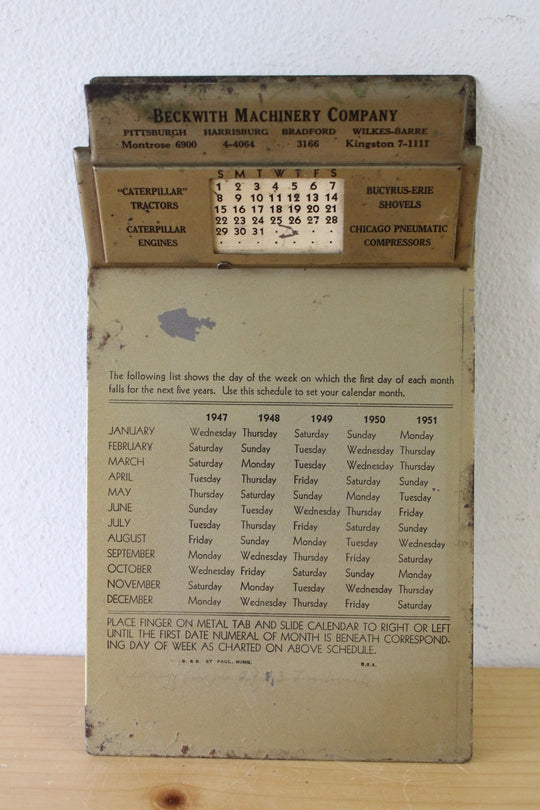 Beckwith Machinery Company Vintage Perpetual Calendar