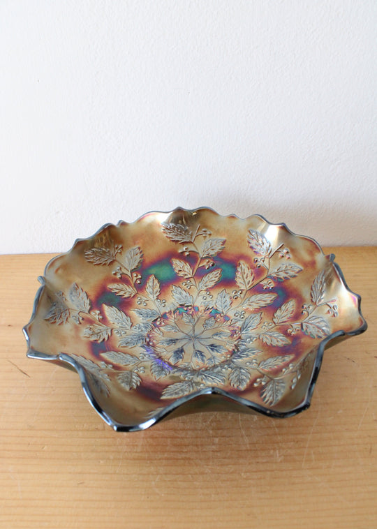 Vintage Fenton Holly & Berries Iridescent Carnival Glass Ruffled Edged Bowl