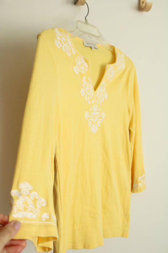 Jones New York Yellow Embroidered V-Neck Tunic Top | S