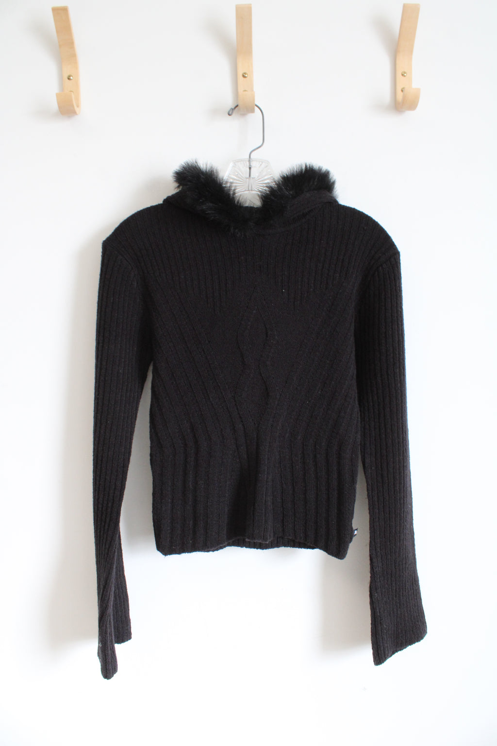 NEW JLO Black Cable Knit Faux Fur Trim Hooded Sweater | L