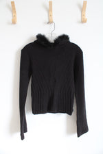 NEW JLO Black Cable Knit Faux Fur Trim Hooded Sweater | L