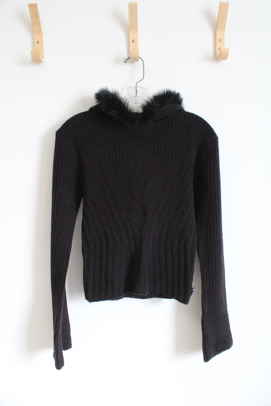 NEW JLO Black Cable Knit Faux Fur Trim Hooded Sweater | L
