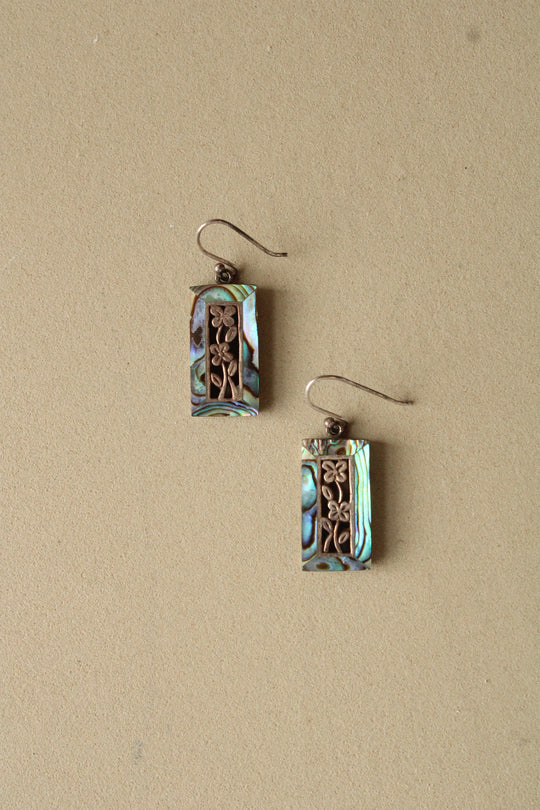 Abalone Rectangular Sterling Silver Flower Motif Earrings