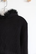 NEW JLO Black Cable Knit Faux Fur Trim Hooded Sweater | L