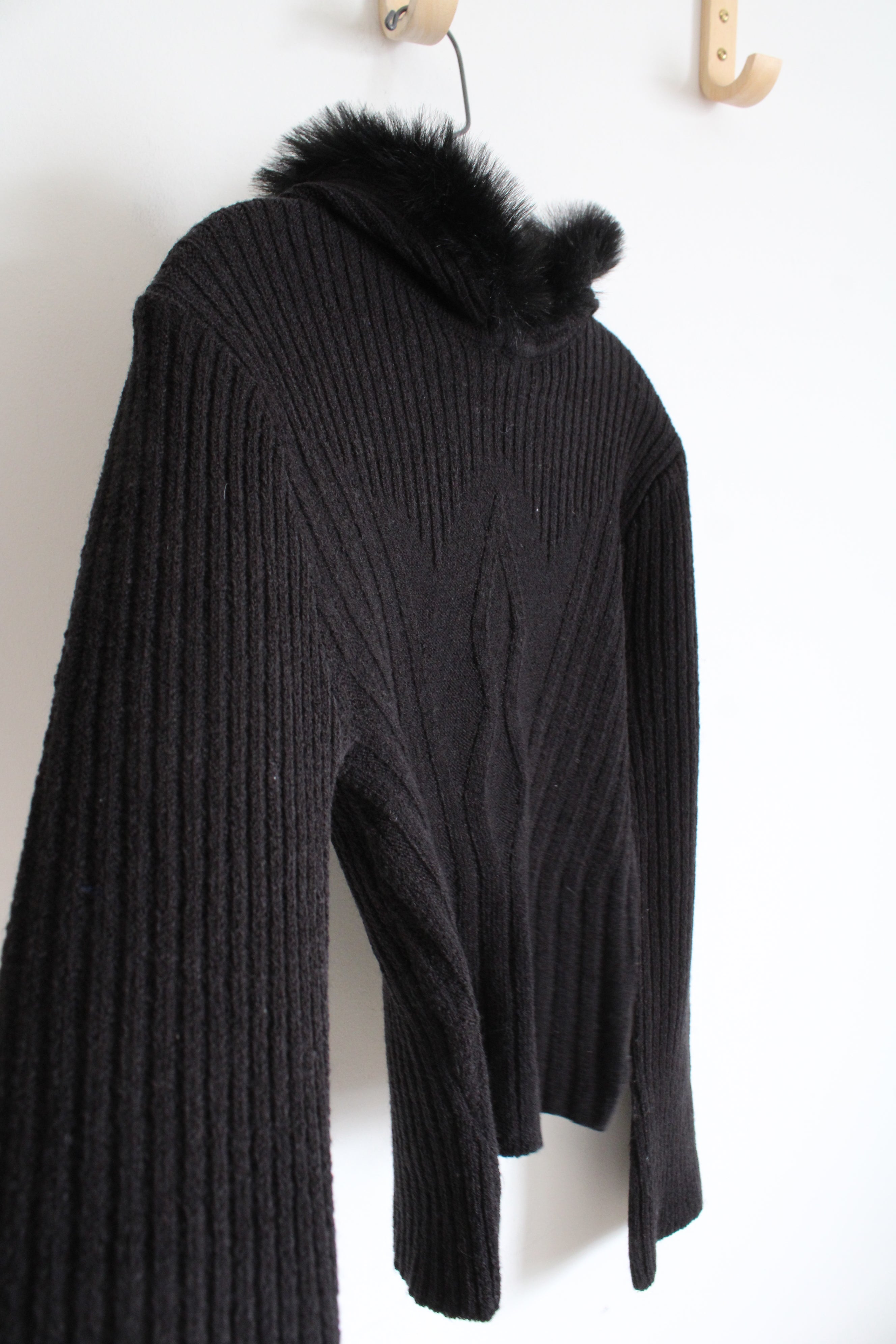 NEW JLO Black Cable Knit Faux Fur Trim Hooded Sweater | L