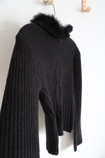 NEW JLO Black Cable Knit Faux Fur Trim Hooded Sweater | L