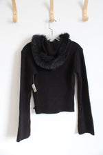 NEW JLO Black Cable Knit Faux Fur Trim Hooded Sweater | L