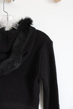 NEW JLO Black Cable Knit Faux Fur Trim Hooded Sweater | L