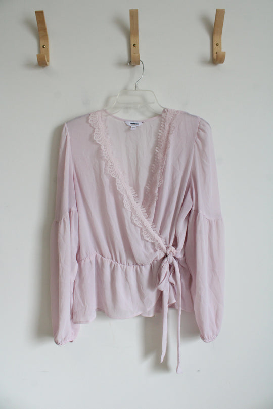 Express Light Pink Sheer Wrap Lace Edged Top | L