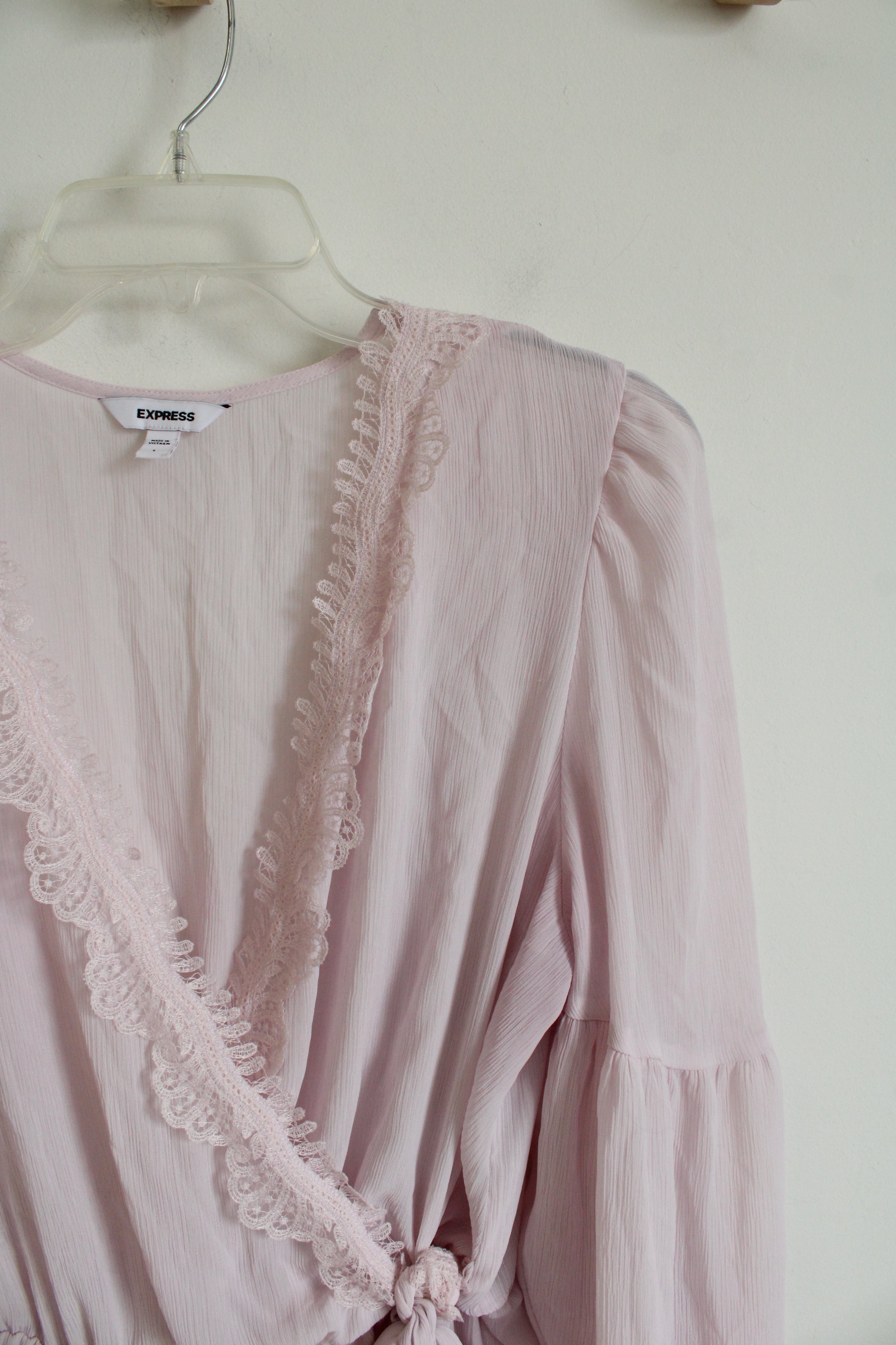 Express Light Pink Sheer Wrap Lace Edged Top | L