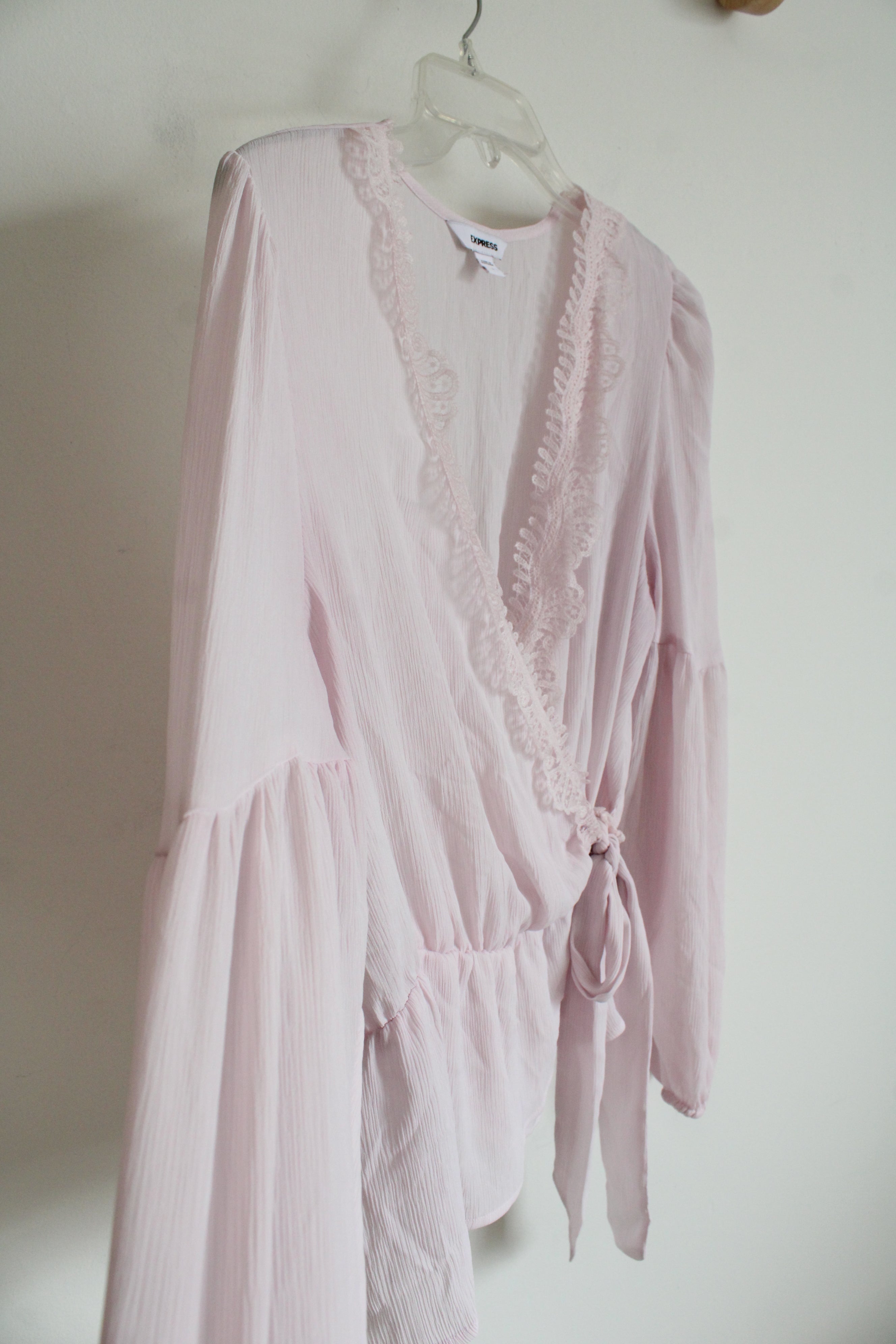 Express Light Pink Sheer Wrap Lace Edged Top | L