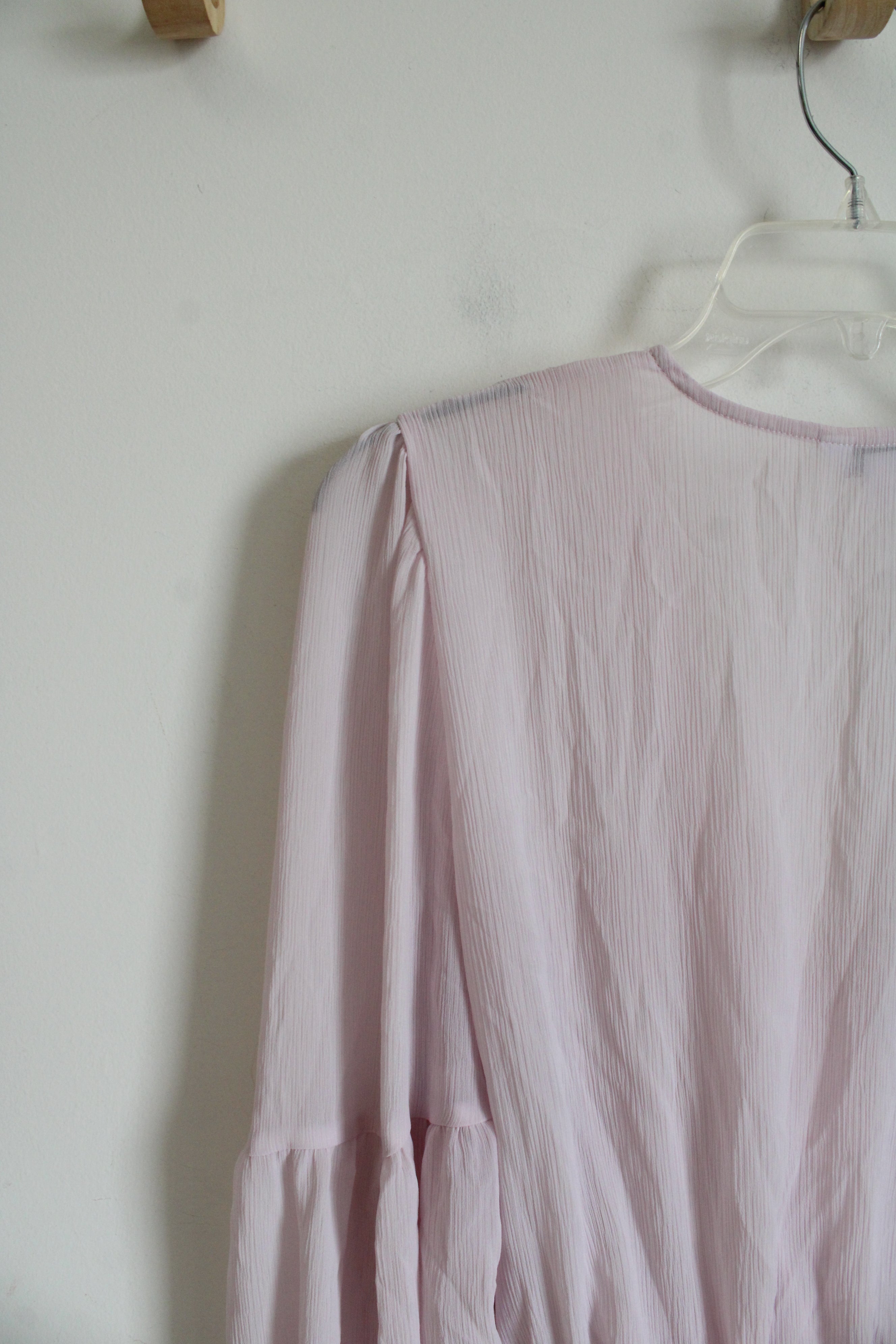 Express Light Pink Sheer Wrap Lace Edged Top | L