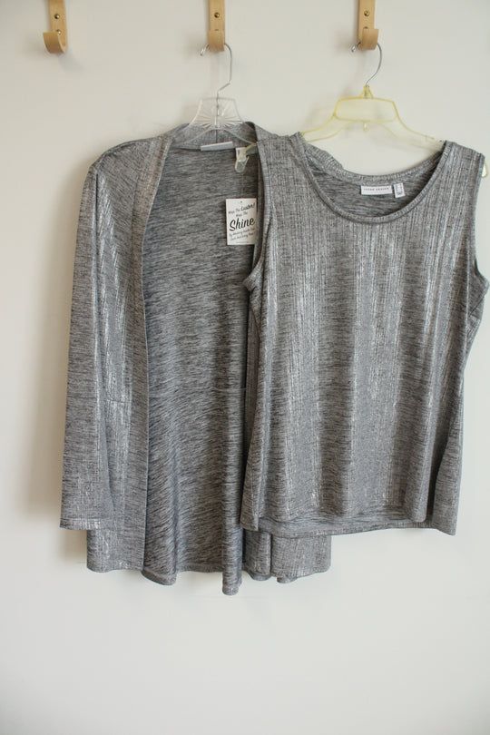 NEW Susan Graver Two Piece Metallic Silver Foil Print Tank & Cardigan | M