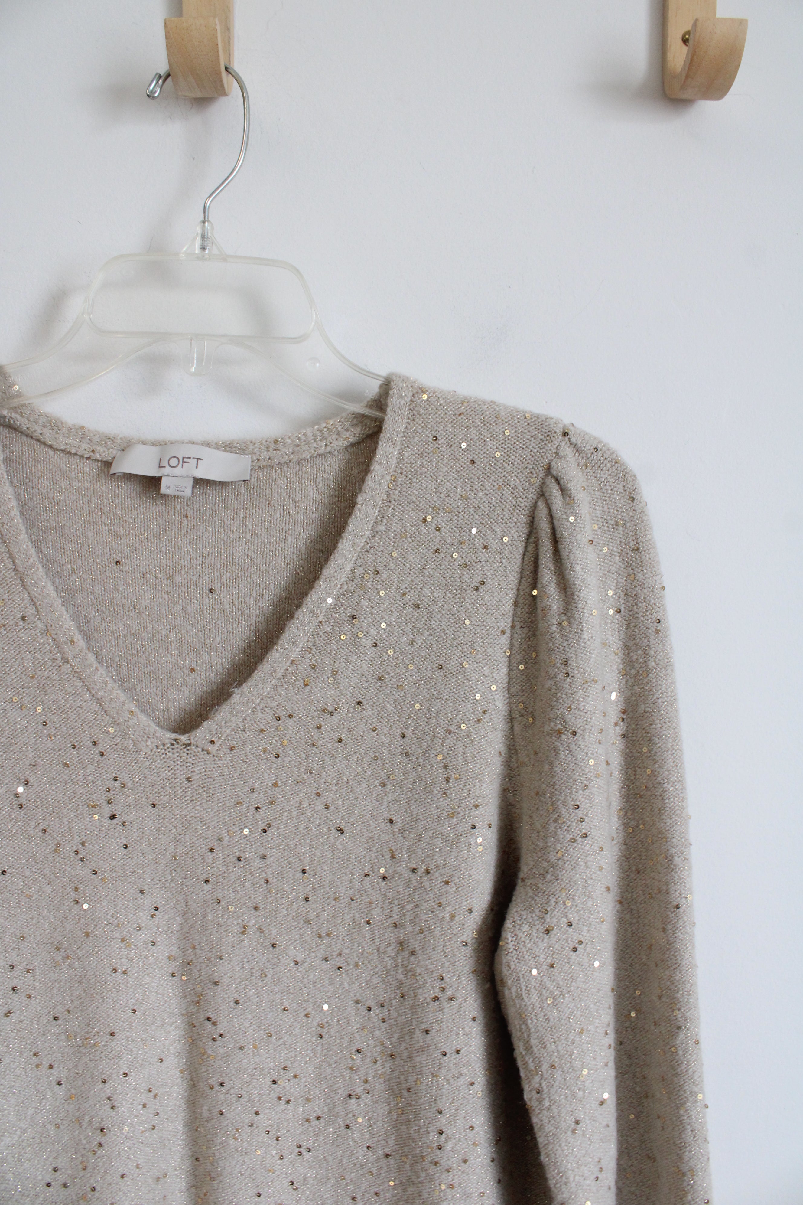 LOFT Tan & Gold Sequined Sweater | M