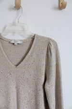 LOFT Tan & Gold Sequined Sweater | M