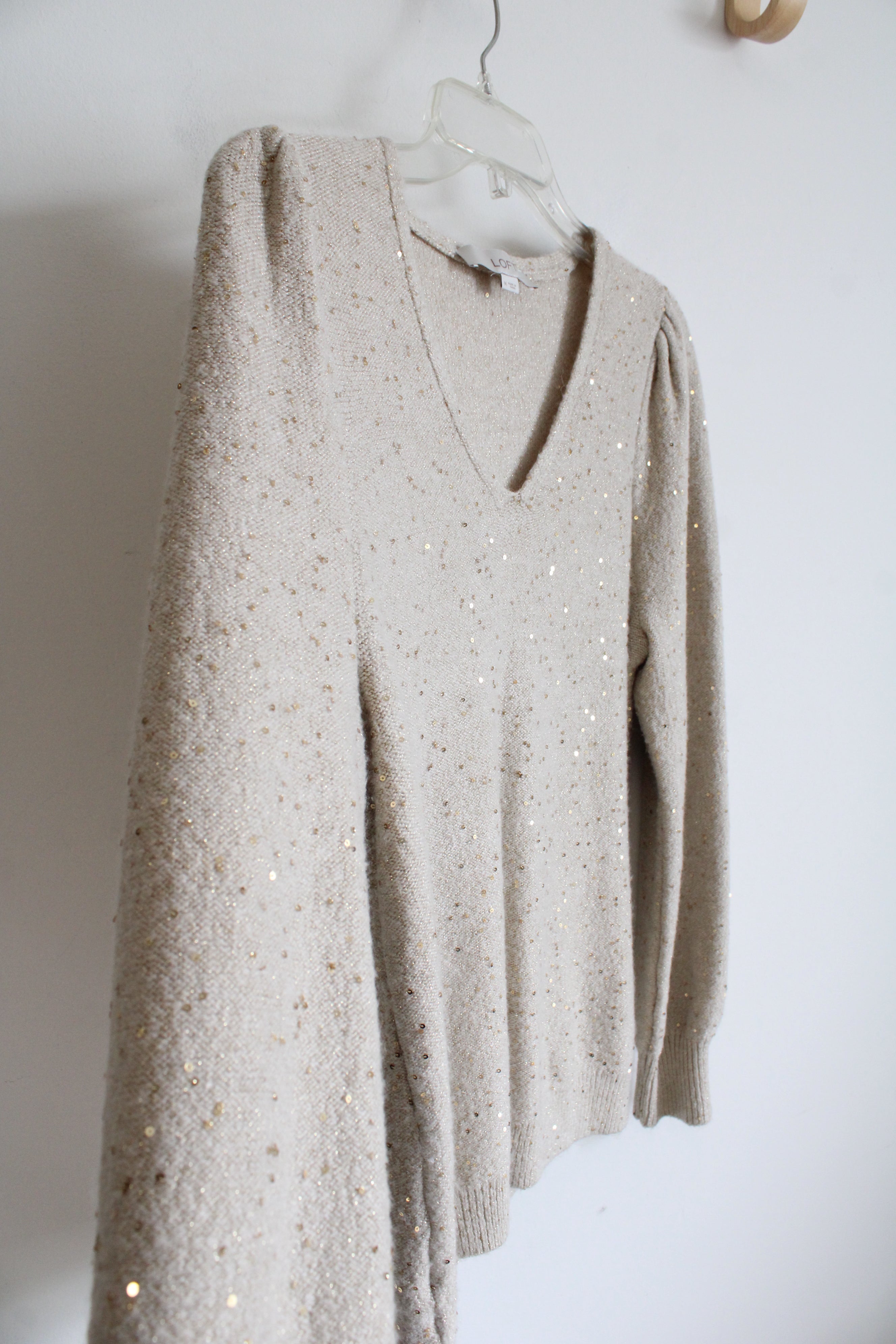 LOFT Tan & Gold Sequined Sweater | M