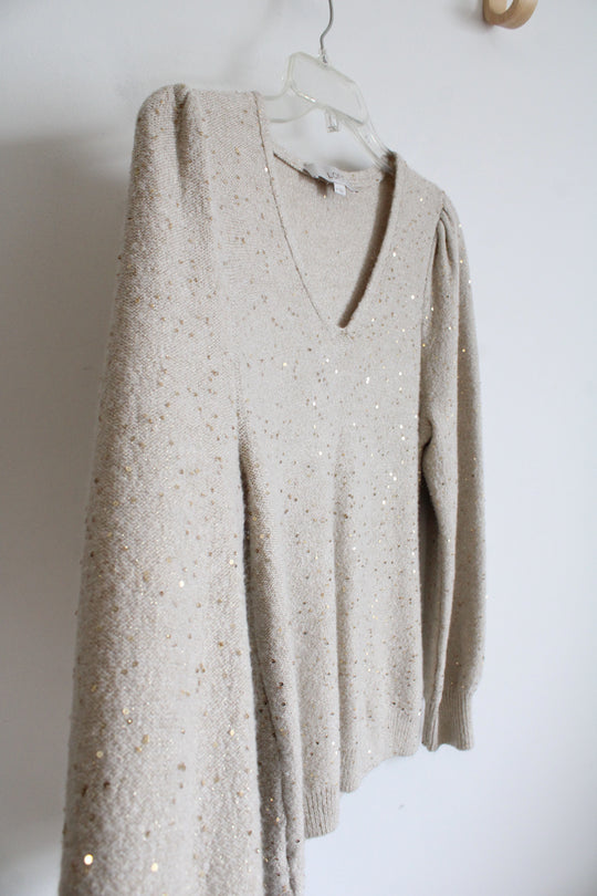 LOFT Tan & Gold Sequined Sweater | M
