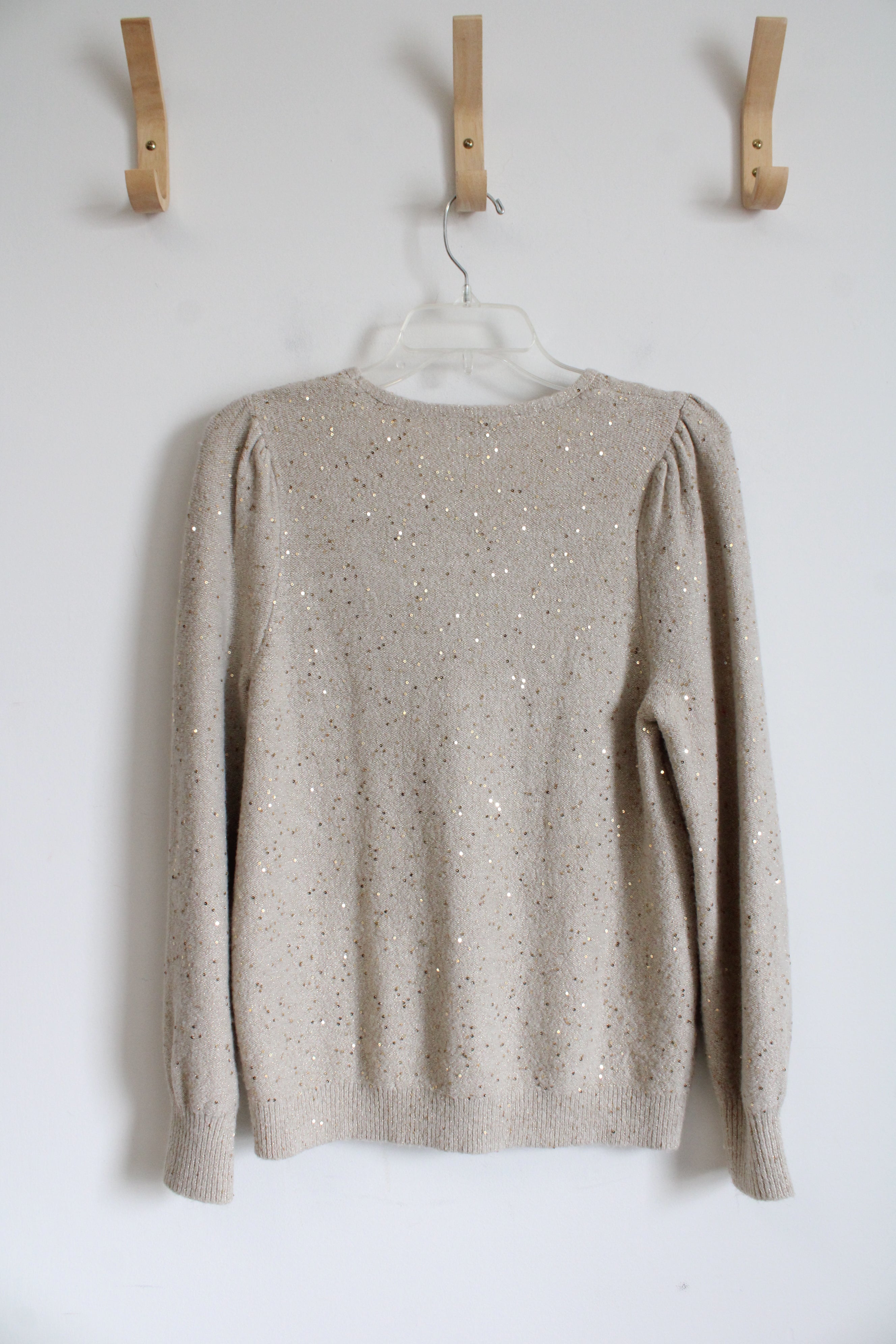 LOFT Tan & Gold Sequined Sweater | M