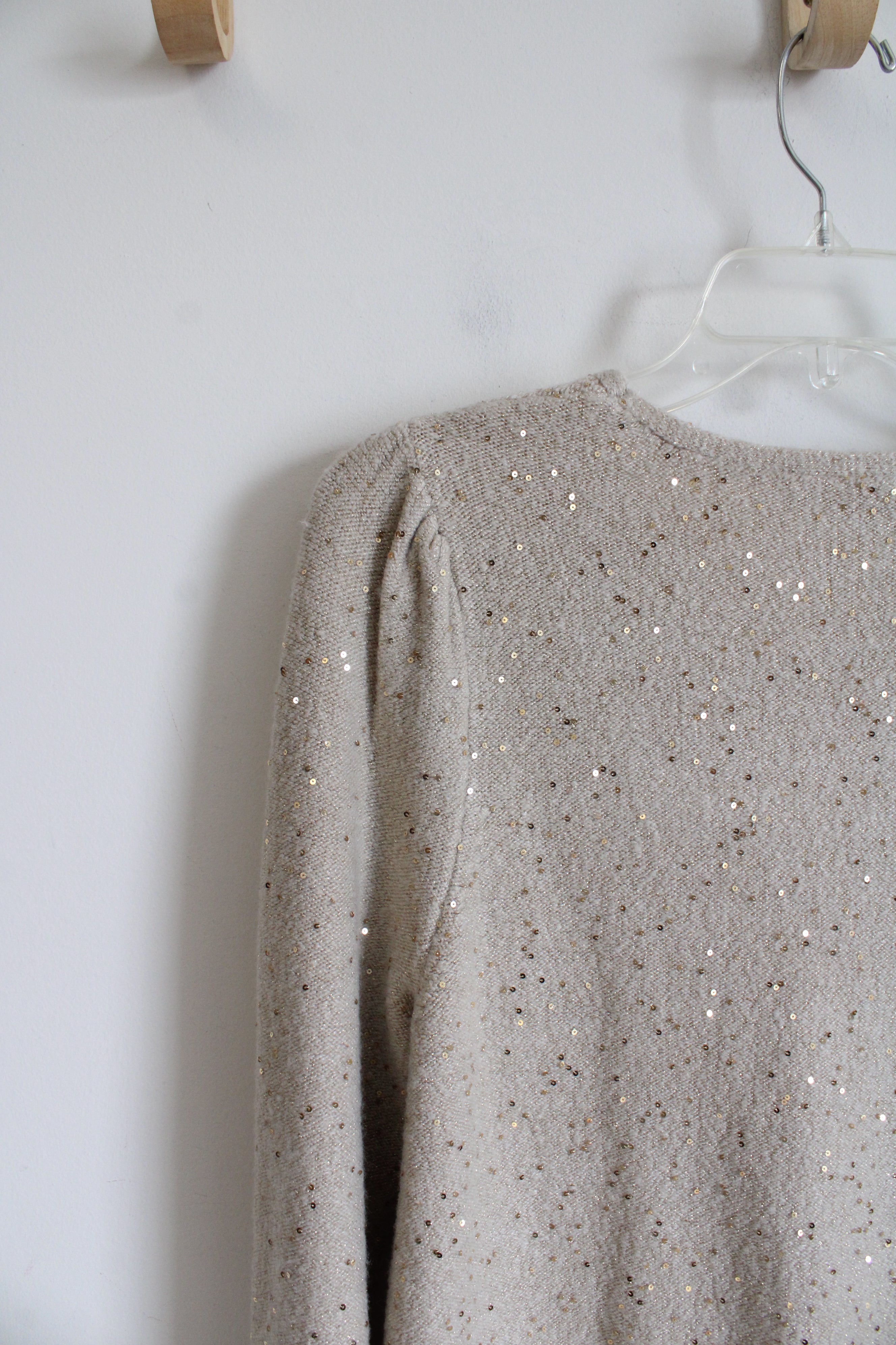 LOFT Tan & Gold Sequined Sweater | M