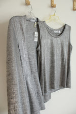 NEW Susan Graver Two Piece Metallic Silver Foil Print Tank & Cardigan | M