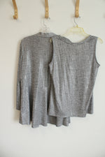 NEW Susan Graver Two Piece Metallic Silver Foil Print Tank & Cardigan | M