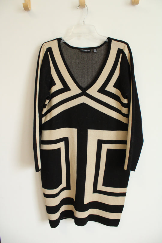 Nina Leonard Black and Tan Geometric Patterned Knit Dress | L