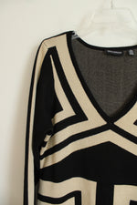 Nina Leonard Black and Tan Geometric Patterned Knit Dress | L